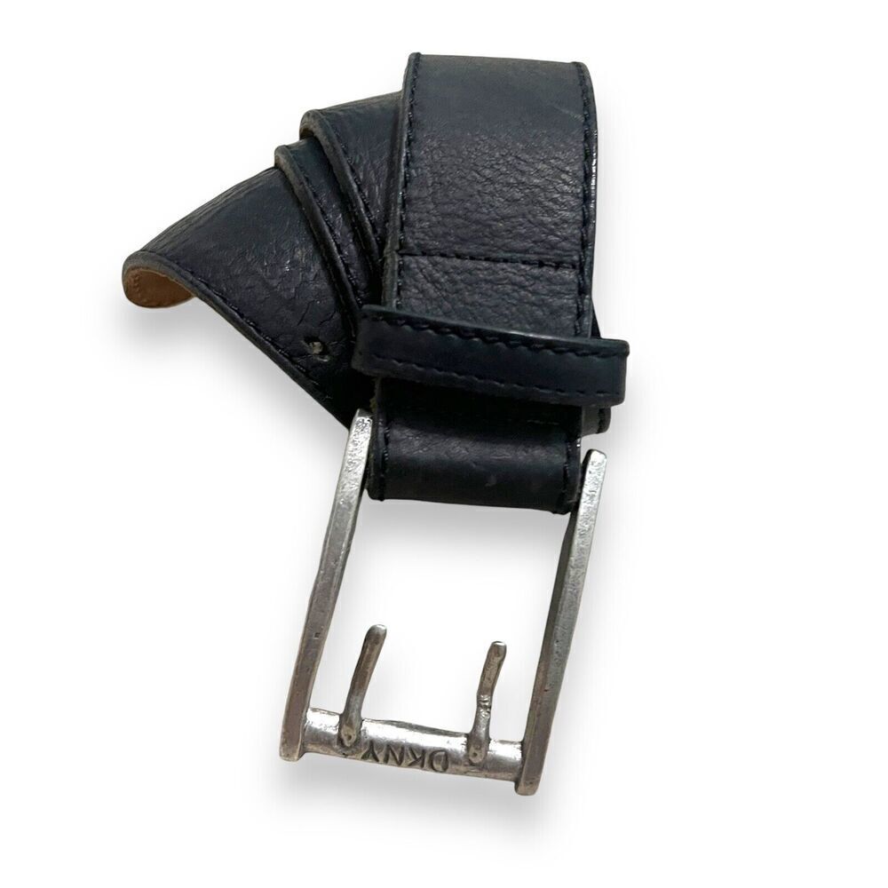 DKNY Black Leather Belt Large Double Prong Vintage 90s Will Fit Waists 26”-33”